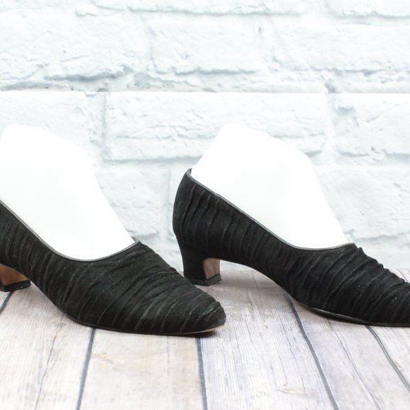 Saks Fifth Avenue Black Suede Pleated Leather Sole Pumps Shoes Size 7 B - Picture 4 of 10